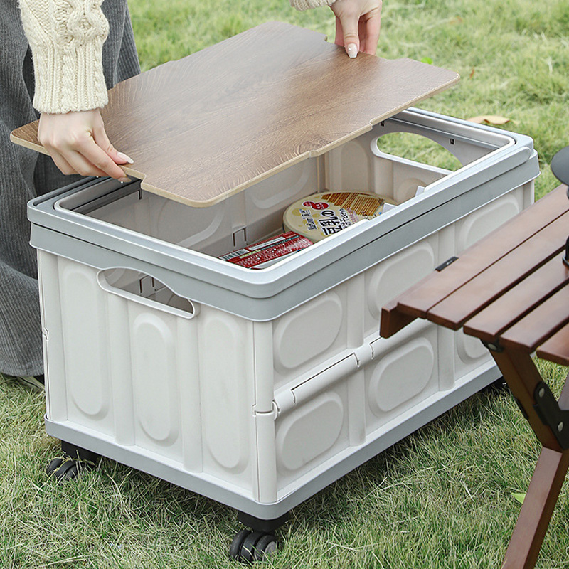 Caisse de rangement pliable à roulettes avec couvercle en bois