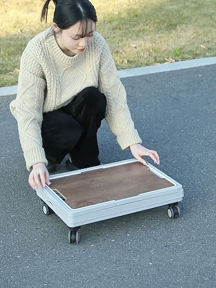 Caisse de rangement pliable à roulettes avec couvercle en bois