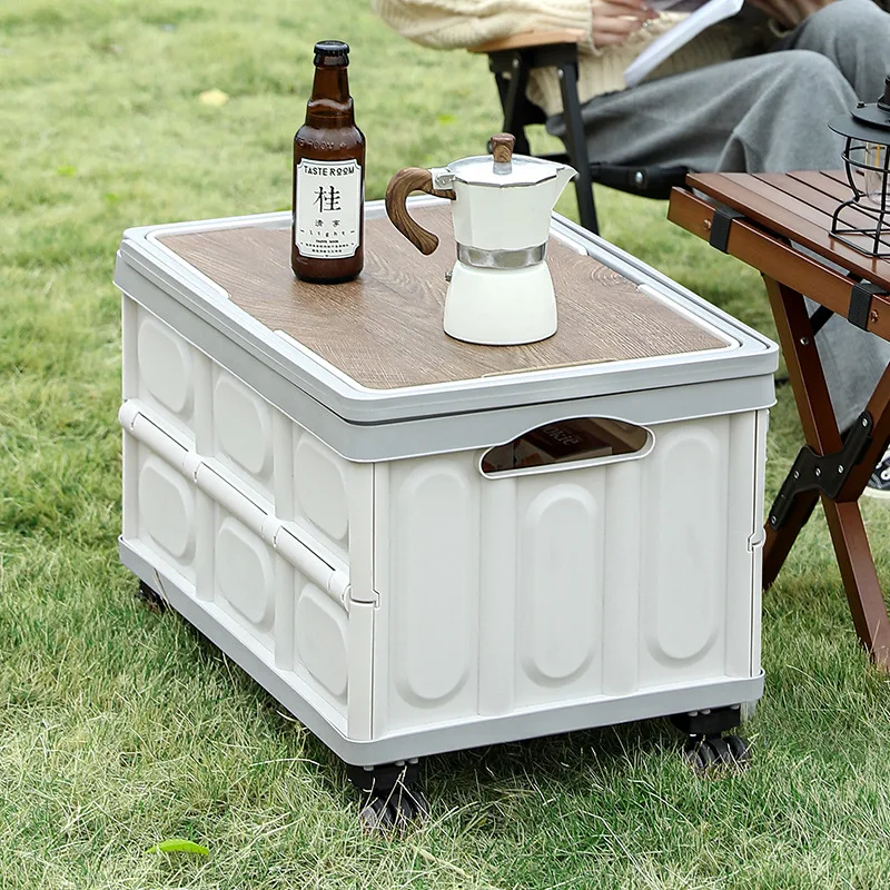 Caisse de rangement pliable à roulettes avec couvercle en bois