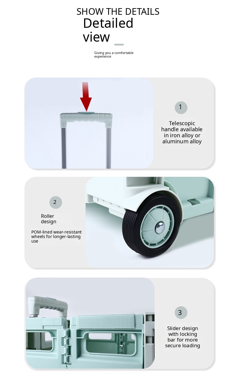 Details of the rolling crate including telescopic handle, wear-resistant wheels and sliding locks